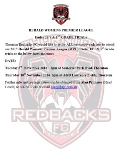 2017 Thornton Redbacks WPL Trials